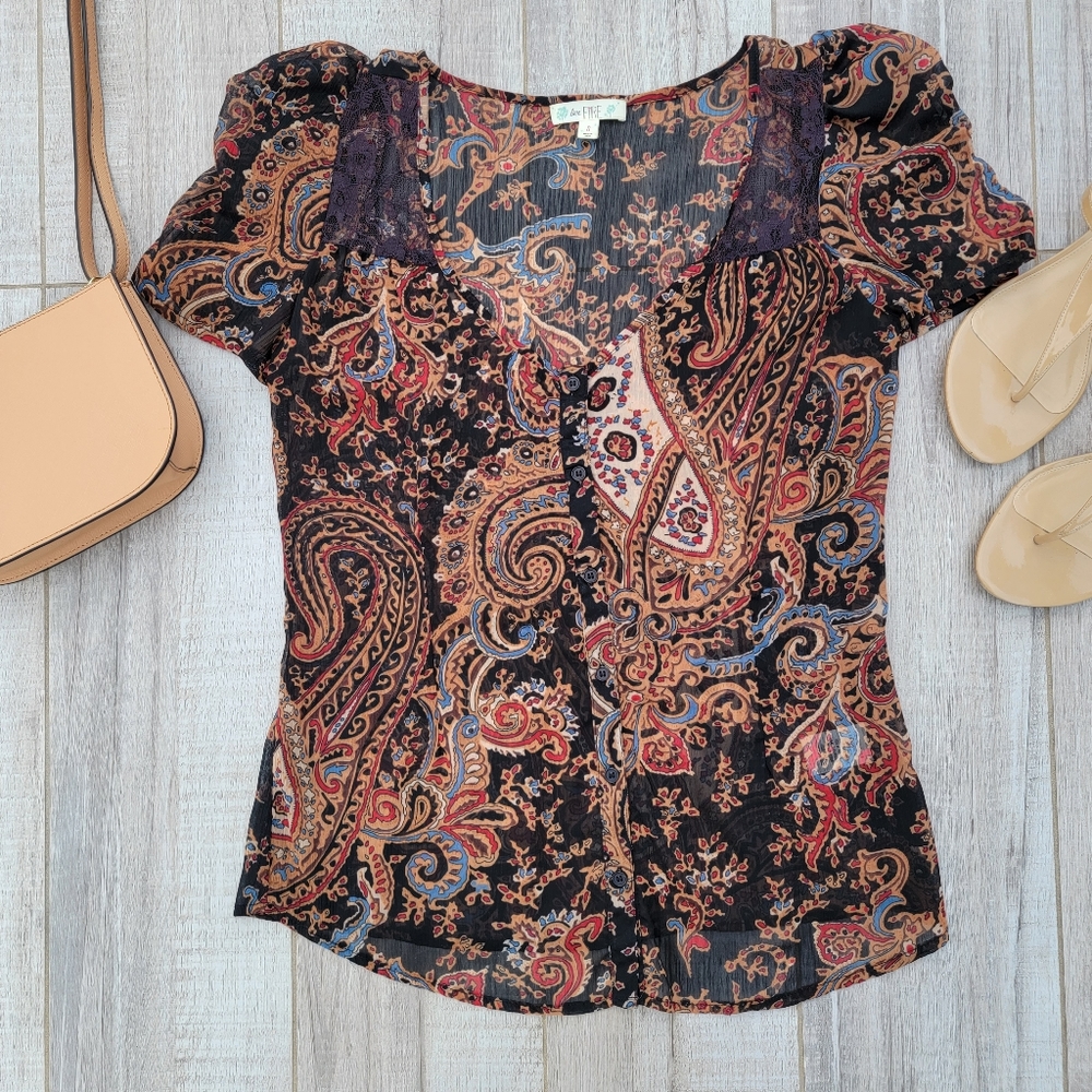 Nordstrom BP love, fire paisley blouse lace button down black nude small v neck